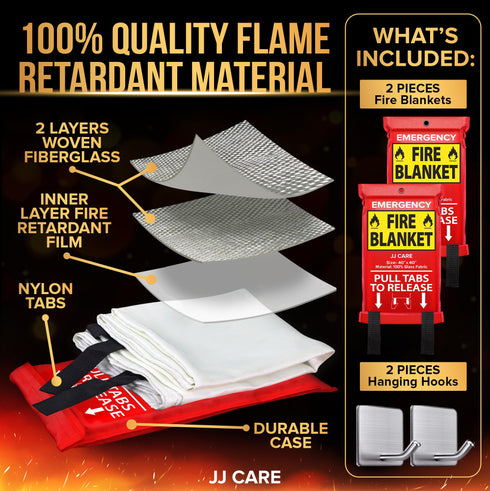 JJ CARE Fire Blanket - 2 Packs with Hooks - Emergency Fire Blanket for Home & Kitchen, High Heat Resistant Fire Suppression Blankets for Home Safety, Kitchen, and Camping